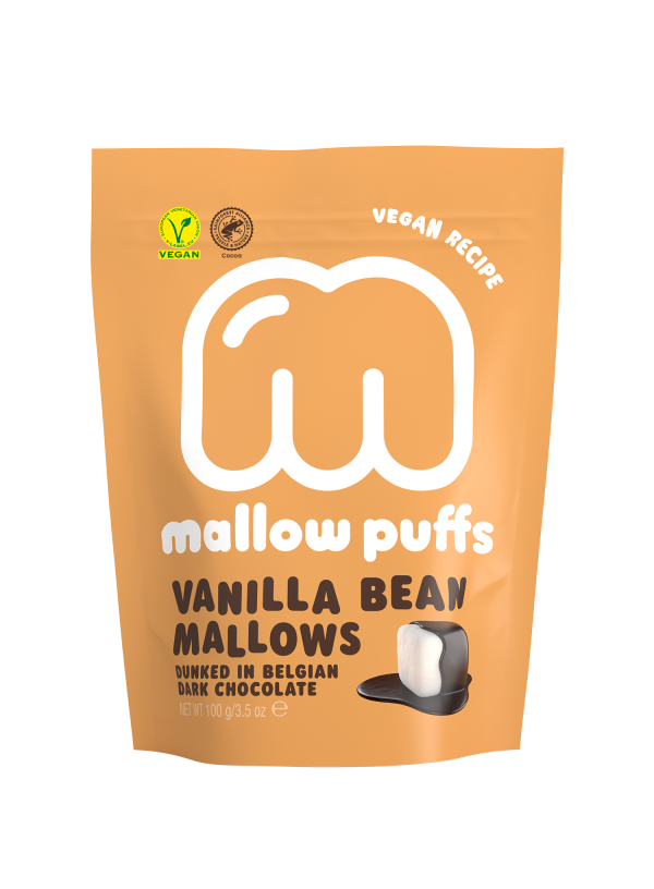 Mallow Puffs Vanilla bean vegan mallows dunked in Belgian dark chocolate