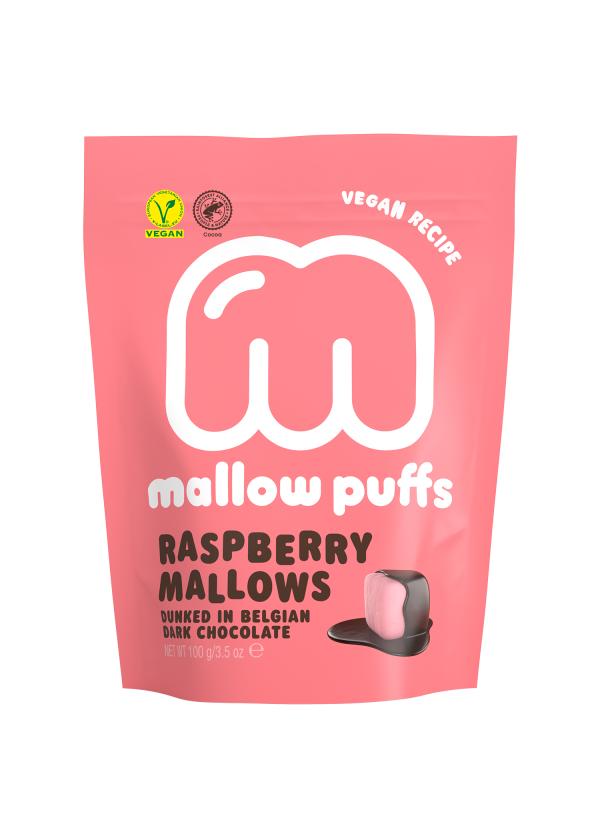 mallow puffs vegan raspberry mallows dunked in Belgian dark chocolate