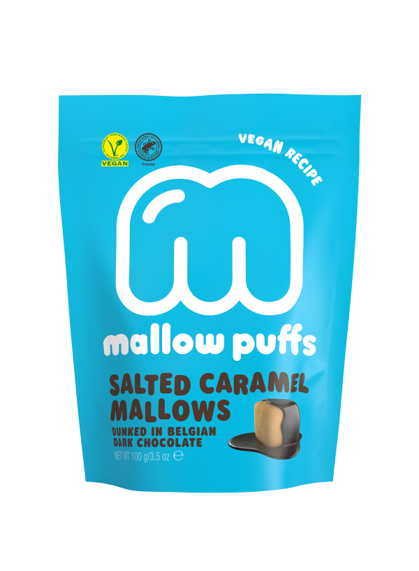Mallow Puffs salted caramel marshmallows dunked in Belgian dark chocolate